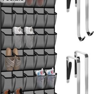 30 Compartment Breathable Mesh Pocket Over the Door Hanging Shoe Organizer, Closet Shoe Organizer, Large Men’s and Women’s Shoe Organizer, Hanging Over the Door Shoe Organizer (XL-Gray)