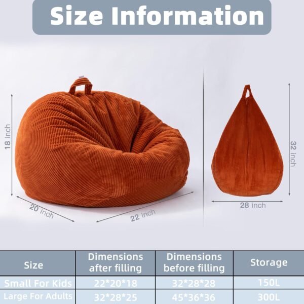 Large Stuffed Animal Storage Bean Bag Chair （No Filler）, 3 ft Giant Heavy Soft Corduroy Bean Bag Cover for Kids Teens & Adults，Round Fluffy Sofa for Home Living Room Bedroom College Dorm - Image 2