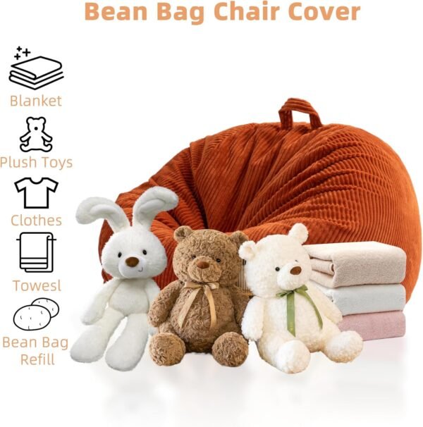 Large Stuffed Animal Storage Bean Bag Chair （No Filler）, 3 ft Giant Heavy Soft Corduroy Bean Bag Cover for Kids Teens & Adults，Round Fluffy Sofa for Home Living Room Bedroom College Dorm - Image 5