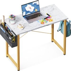 ODK Laptop Desk Study Desk, 32 Inch Small Desk, Writing Desk with Storage, Work Table with Headphone Hook for Small Space Home Office, White Marble + Gold Leg