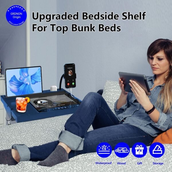 Bed Shelf with Phone Holder for Bed, ‎Bamboo Bed Shelf Organizer for Top Bunk, Clip on Nightstand for College Dorm Loft Bed, Bedside Shelf Tray for Kids, Built Earphones & Tablet Slot (Blue) - Image 3