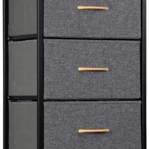 SUPER DEAL Fabric Dresser for Bedroom 46 inch Tall Dresser Vertical Storage Tower Chest of Drawers with 5 Storage Drawers Wood Top and Sturdy Metal Frame for Closet Living Room Hallway Entryway, Grey