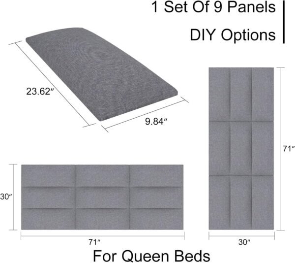 Tbfit Upholstered Wall Mounted Headboard Bed, Peel and Stick Soundproof Headboards, Tufted Floating Dorm Bed Headboard, Each Panel Sized 10” x 24” (Grey, 12) - Image 2