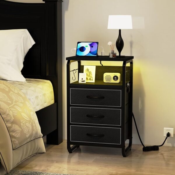Tall Nightstand Set of 2 with Charging Station, Bed Side Tables Bedroom Set of 2, Black Night Stand Set 2, Bedside Table with 3 Fabric Drawers, Night End Table with Storage for Bedroom, Dorm - Image 2