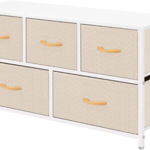 AZL1 Life Concept Extra Wide Dresser Storage Tower with Sturdy Steel Frame,5 Drawers of Easy-Pull Fabric Bins, Organizer Unit for Bedroom, Hallway, Entryway, Ivory, 22×39.37×11.8 inches