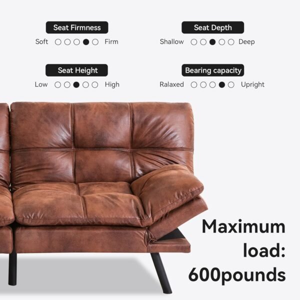 Opoiar Futon Sofa Bed, Memory Foam Couch Bed with Mattress and Frame Included,Comfortable Brown Faxu Leather Loveseat Sleeper Sofa for Dorm Apartment Office College Small Space Bedroom RV Living Room - Image 4