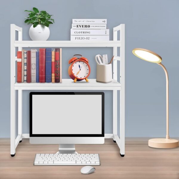 LOYALHEARTDY Computer Desktop Bookcase, 2-Tier Multipurpose Countertop Hutch Display Shelf Desk Storage Countertop Hutch Bookshelf Metal Adjustable Desk Shelf Organizer for Home Dorm Office Supplies - Image 3