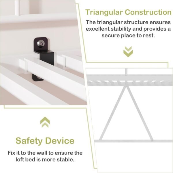 VECELO Loft Bed Twin Size, Metal Bedframe with Removable Ladder and Safety Guardrail, No Box Spring Needed, Space Saving, Noise Free, White - Image 4