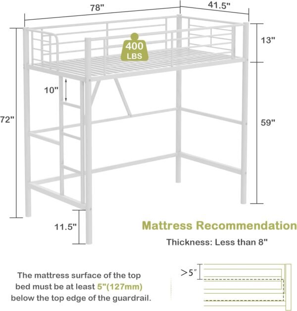 VECELO Loft Bed Twin Size, Metal Bedframe with Removable Ladder and Safety Guardrail, No Box Spring Needed, Space Saving, Noise Free, White - Image 2