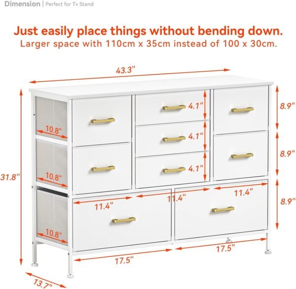 Wide Dresser for Bedroom TV Stand Entertainment Center with Large Chest of 9 Drawers for 50'' TV with Leather Front, Metal Handles for Closet, Entryway, Living Room, Glacier White - Image 3