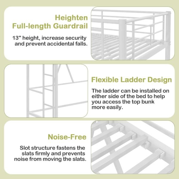 VECELO Loft Bed Twin Size, Metal Bedframe with Removable Ladder and Safety Guardrail, No Box Spring Needed, Space Saving, Noise Free, White - Image 5