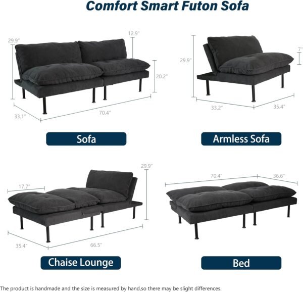 70" Futon Sofa Bed, 4-in-1 Multi-Function Couch Bed with Adjustable Backrest, Modern Convertible Futon, Recliner Love Seat Sleeper Sofa, Small Futon Couch for Living Room, Office, Grey - Image 3