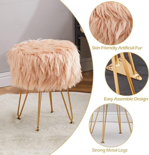 Mxfurhawa Faux Fur Storage Ottoman Round Furry Vanity Stool Marble Grain Tray Coffee Table Compact Footrest Stool with 4 Metal Legs Soft Makeup Seat Foot Stools Living Room Bedroom Entryway Champagne - Image 5