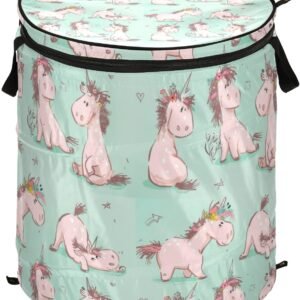 Oyihfvs Seamless Cute Cartoon Pink Fairytale Unicorn Horse on Turquoise Folding Pop Up Laundry Hamper, Portable Basket with Handles Zipper Storage Organizer for Bedroom Bathroom College Dorm Travel