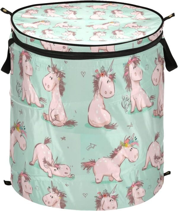 Oyihfvs Seamless Cute Cartoon Pink Fairytale Unicorn Horse on Turquoise Folding Pop Up Laundry Hamper, Portable Basket with Handles Zipper Storage Organizer for Bedroom Bathroom College Dorm Travel