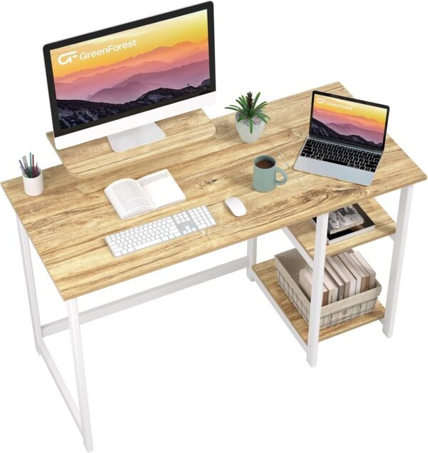 GreenForest Computer Desk with Monitor Stand,47 inch Home Office Desk with Reversible Storage Shelves Modern Writing Study Work Table,Easy Assembly,Oak