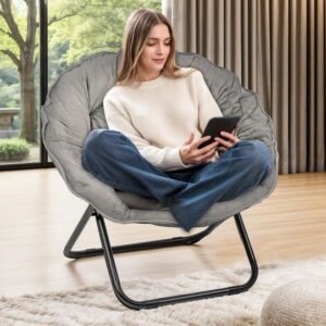 Folding Faux Fur Saucer Chair,Portable Folding Soft Moon Chair for Bedroom, Dorm Rooms, Apartments, Lounging, Garden and Courtyard, Grey