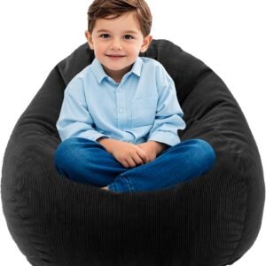 LPMOERA 3FT Bean Bag Chairs for Kids/Teens with Memory Foam Filling Bean Bag Sofa with Handle Ultra Soft Washable Corduroy Fabric Lazy Sofa for Living Room Bedroom College Dorm Black