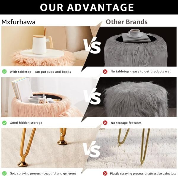 Mxfurhawa Faux Fur Storage Ottoman Round Furry Vanity Stool Marble Grain Tray Coffee Table Compact Footrest Stool with 4 Metal Legs Soft Makeup Seat Foot Stools Living Room Bedroom Entryway Champagne - Image 6