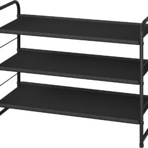 Simple Trending 3-Tier Stackable Shoe Rack, Expandable & Adjustable Fabric Shoe Shelf Storage Organizer, Black