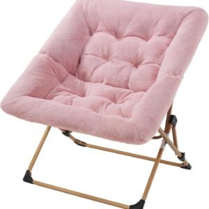 OAKHAM Comfy Saucer Chair for Adults, Soft Faux Fur Folding Lounge Chair for Bedroom Living Room Dorm Rooms Flexible Reading Chair for Teens Kids, X-Large Foldable Chair (Faux Fur-Pink)