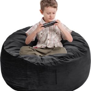 Bean Bag Chair for Adults – BeanBag Chairs with Soft Cover – Furniture Round Fluffy Couch Sofa for Living Room Lounge Bedroom College Dorm – Gifts for Gaming Reading Relaxing, 3 Feet, Black