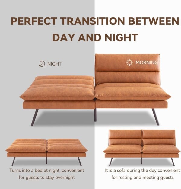 Opoiar Futon Sofa Bed,Memory Foam Couch Bed,Comfortable Brown Faxu Leather Loveseat Sleeper Sofa for Dorm Apartment Office College Small Space Bedroom RV Living Room - Image 3