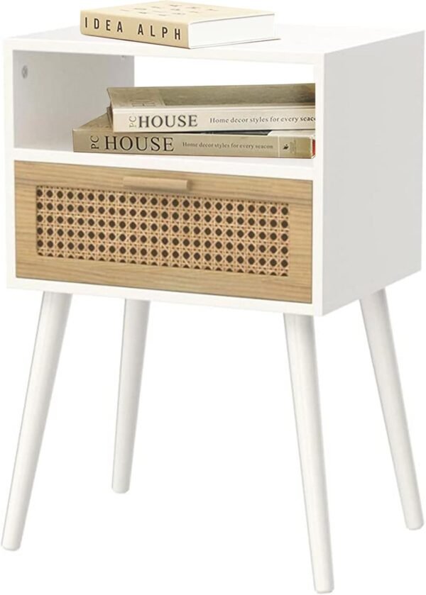 Modern Nightstand Rattan Side Table with Storage | Open Storage & Solid Metal Legs, Mid Century Modern Side Table for Living Room Bedroom Small Spaces (WHITE)