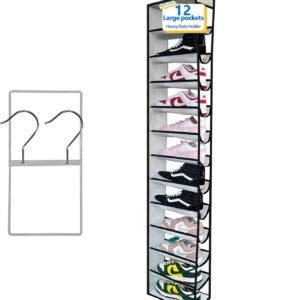 hanging shoe organizer , 12Section,shoe organizer,Ample Storage Space,college dorm essentials for girls,Heavy duty rack Up to 45 Pounds,closet organizers and storage,closet organizer,White/Black