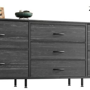 Huuger Dresser for Bedroom, 63 Inch Dresser TV Stand for 55, 65, 70 Inch TV, Long Dresser, Fabric Dresser, TV Stand with 7 Drawers, Dresser for Closet, Clothing, Charcoal Black Wood Grain Print