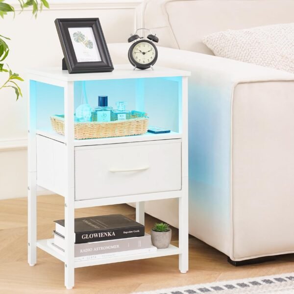 Yoobure White Night Stand with Charging Station, LED Nightstand for Bedroom, Bedside Tables with Adjustable Fabric Drawer, 3-Tier End Table Living Room, Small Side Table with Storage - Image 2