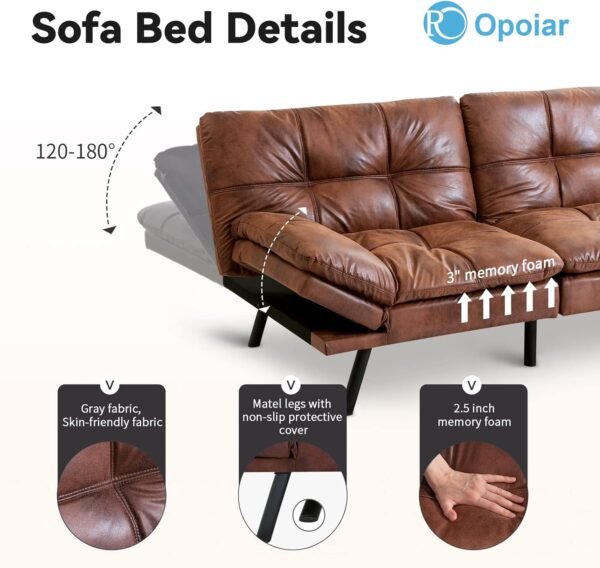 Opoiar Futon Sofa Bed, Memory Foam Couch Bed with Mattress and Frame Included,Comfortable Brown Faxu Leather Loveseat Sleeper Sofa for Dorm Apartment Office College Small Space Bedroom RV Living Room - Image 6
