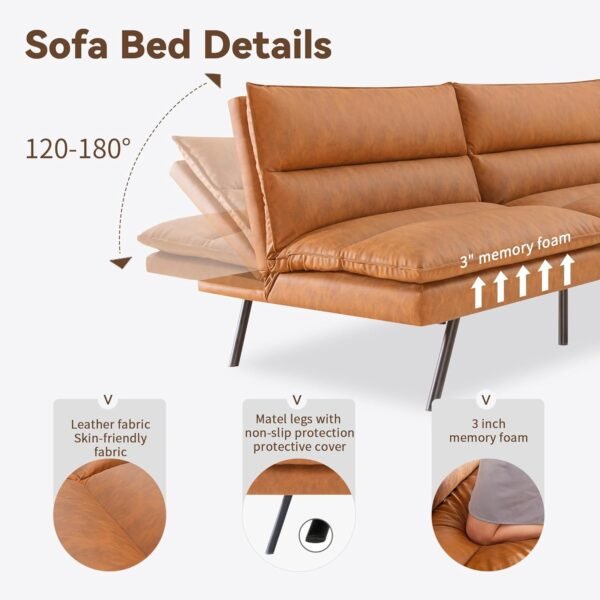 Opoiar Futon Sofa Bed,Memory Foam Couch Bed,Comfortable Brown Faxu Leather Loveseat Sleeper Sofa for Dorm Apartment Office College Small Space Bedroom RV Living Room - Image 6