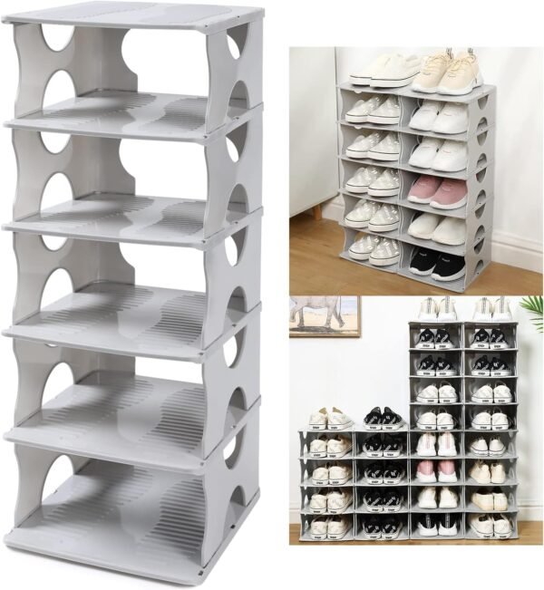 6-Tier Shoe Rack, Stackable Storage Organizer for Bedroom Entry, Adjustable Rack, Shoe Slots Shelf, Easy Tower Rack, Grey