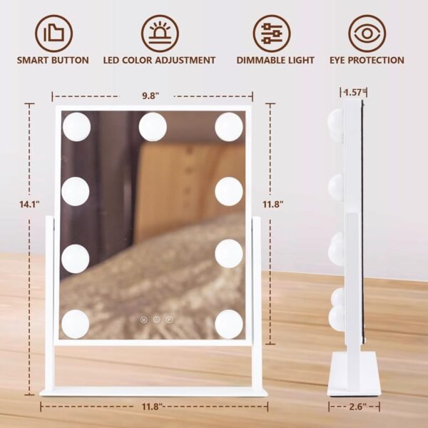 Vanity Mirror with Lights, Hollywood Lighted Makeup Mirror with 9 Dimmable Bulbs & 3 Color Lighting Modes, Detachable 10x Magnification, 360°Rotation, Smart Touch Control, White. - Image 7