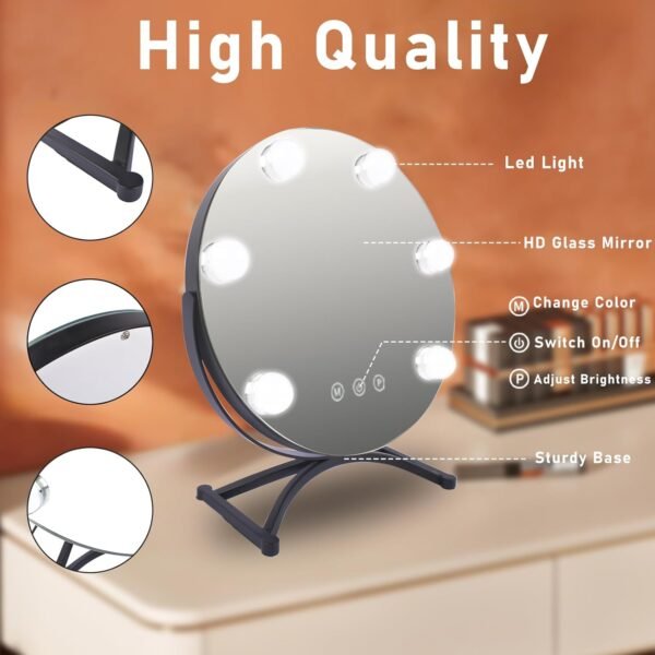 LED Makeup Mirror with Light, Plug-in Dimmable Vanity Mirror, 12" X 12” Desk Mirror with Touch Screen（Black） - Image 2