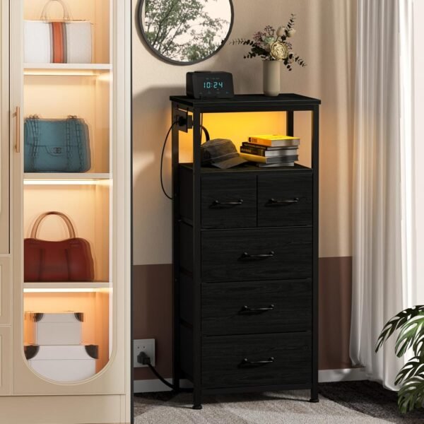 Furnulem Dresser for Bedroom, Tall Nightstand, Vertical Chest with Wood Top, Charging Station, LED Lights, 5 Fabric Bins, Bedside Table with Shelf, Furniture for Entryway (5 Drawer, Black Oak) - Image 4