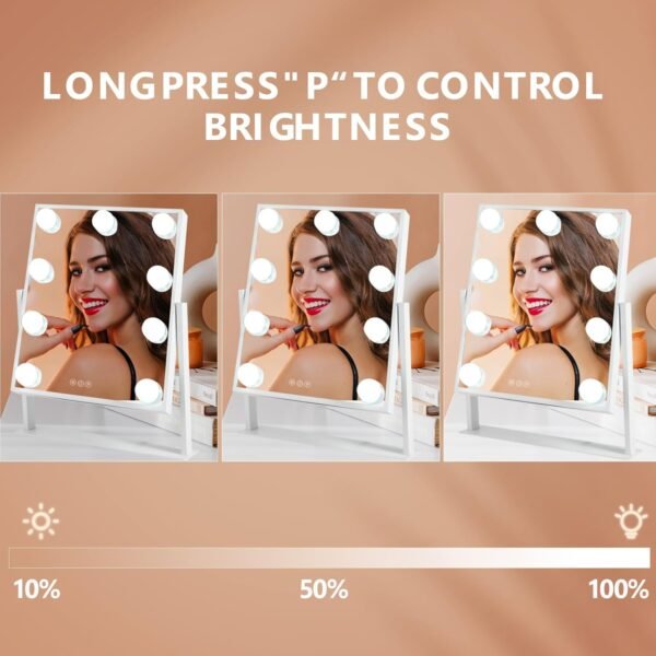 Vanity Mirror with Lights, Hollywood Lighted Makeup Mirror with 9 Dimmable Bulbs & 3 Color Lighting Modes, Detachable 10x Magnification, 360°Rotation, Smart Touch Control, White. - Image 3