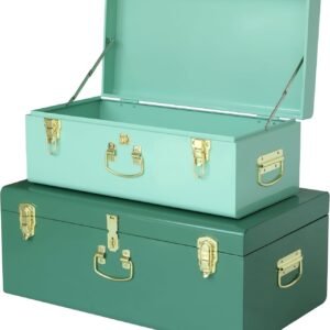 Vixdonos Decorative Large Metal Box Storage Trunk Chest Set of 2 College Dorm Organizer with Hardware Hasps and Handle for Home Deocr,23.7X14.2X9.5 Inches