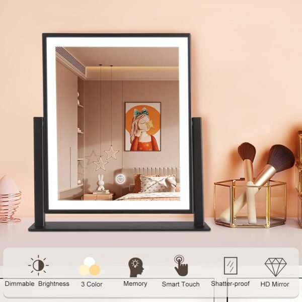 Beelux Hollywood Style Vanity Mirror - 12 in Black Makeup Mirror with Light, Dimmable Lights, Smart Control, Adjustable Warm White/Natural/Daylight, 360°Rotation for Makeup Enthusiasts - Image 2