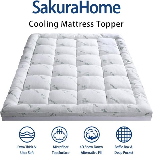 Mattress Topper Queen Size, Cooling Extra Thick Breathable Viscose Made from Bamboo Mattress pad, Soft Quilted Fitted Mattress Cover with 1000 GSM Down Alternative Fill (8-21”Deep Pocket) - Image 2