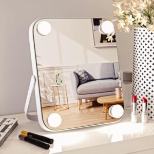 Hollywood Vanity Mirror with Lights,Lighted Vanity Mirror with 4 Dimmable Bulbs, Tabletop Makeup Mirror Smart Touch Control 3 Colors 360°Rotation Dimable Light Portable Travel Makeup Mirror