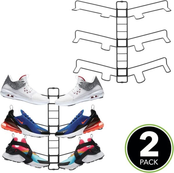 mDesign Modern Metal Shoe Organizer Display & Storage Shelf Rack - Adjustable Shelves Hang & Store Kicks, Running, Basketball, Tennis Shoes - 3 Tier, Each Wall Mount Unit Holds 6 Shoes, 2 Pack, Black - Image 3