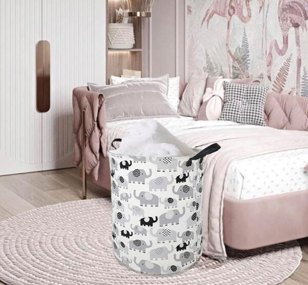19.7" Round Canvas Large Clothes Basket Laundry Hamper with Handles,Waterproof Cotton Storage Organizer Perfect for Kids Boys Girls Toys Room, Bedroom, Nursery,Home,Gift Basket(elephant) - Image 2