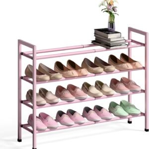 4-Tier Expandable Shoe Rack for Closet, 18“-33” Adjustable Shoe Rack for Small Space, Small Shoe Organizer for Front Door, Sturdy Metal, Pink