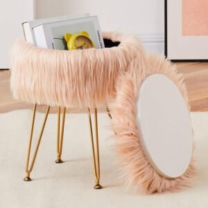 Mxfurhawa Faux Fur Storage Ottoman Round Furry Vanity Stool Marble Grain Tray Coffee Table Compact Footrest Stool with 4 Metal Legs Soft Makeup Seat Foot Stools Living Room Bedroom Entryway Champagne