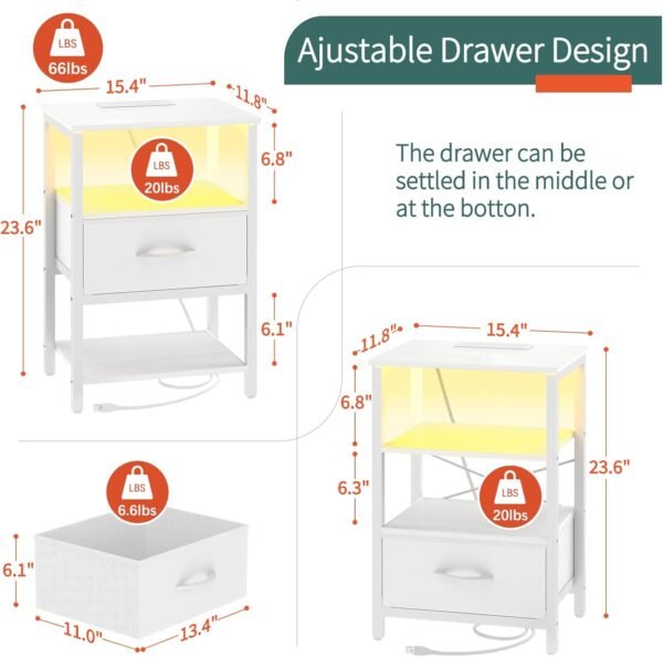 Yoobure White Night Stand with Charging Station, LED Nightstand for Bedroom, Bedside Tables with Adjustable Fabric Drawer, 3-Tier End Table Living Room, Small Side Table with Storage - Image 3