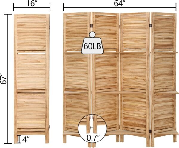 Room Divider with Shelves, 4 Panels Room Dividers and Folding Privacy Screens, 6 Ft Folding Room Screens, Freestanding Portable Wall Divider, Wood Dividers with Display Shelves, Beige - Image 2