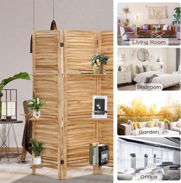 Room Divider with Shelves, 4 Panels Room Dividers and Folding Privacy Screens, 6 Ft Folding Room Screens, Freestanding Portable Wall Divider, Wood Dividers with Display Shelves, Beige - Image 5