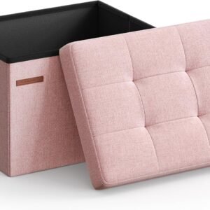 SONGMICS Small Folding Storage Ottoman, Foot Rest Stool, 12.2 x 16.1 x 12.2 Inches, 286 lb Load Capacity, for Living Room, Bedroom, Home Office, Dorm, Jelly Pink ULSF102R01